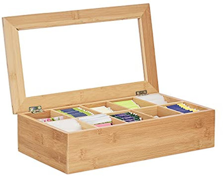 Relaxdays Teebox, Bambus, 10 Fächer, groß, stabil, vielseitig, funktional, nachhaltig, Aromaschutz, Sichtfenster, natur, 20 x 36,5 x 9
