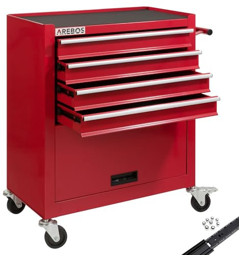 Arebos Werkstattwagen 4 Fächer + großes Fach für Werkzeug Kratzfeste Oberfläche | inkl. Antirutschmatten | kugelgelagerte Schubladen Interlock-System | 2 Rollen mit Feststellbremse | Rot