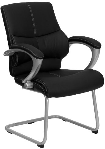 EMMA + OLIVER Black LeatherSoft Executive Side Reception Chair with Silver Sled Base