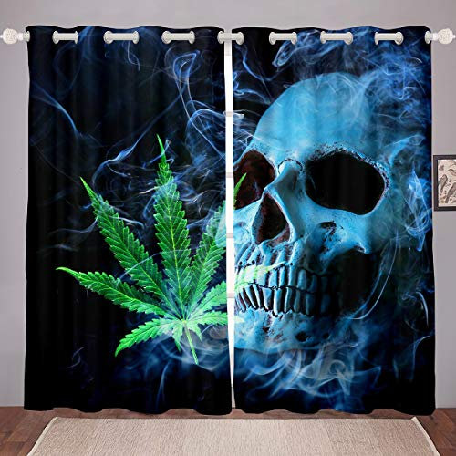 Cortinas de Marihuana con de Calavera de Cannabis,de Huesos de Ventana niños y niños, Funda de edredón de Color Azul Vibrante, Tratamiento de Ventana de Esqueleto de cáñamo, 166 x 222