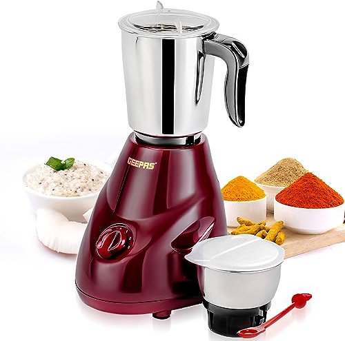 GEEPAS 550W 2-in-1 Mixer Grinder | Stainless Steel Jars & Blades | 3 Speed Control, Perfect for Chutney, Dry & Wet Fine Grinding Mixing | Overload Protection | Powerful Motor | 2 Year Warranty, Maroon