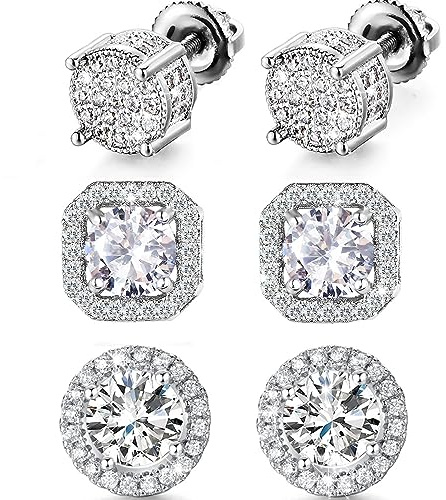 Stud Earrings for Men,18K White Gold Plated Round Square Cubic Zirconia Hypoallergenic Studs Earrings Set for Women (3 Pairs-A+B+C Silver)