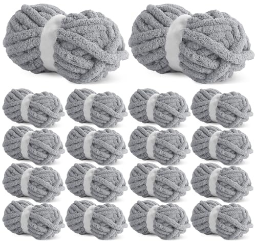 HOMBYS Fluffy Chenille Yarn for Knitting - 18 Balls Thick Soft Plush Light Grey Yarn - 30 m, 226.8 g per Skein