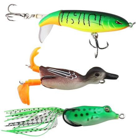 ECSiNG 3-teiliges Topwater Angelköder Set Inklusive Topwater Fishing 3D Ente Topwater Froschköder mit Haken für Süßwasser Salzwasserbarsch Hecht Schlangenkopf Dornhai Lachs
