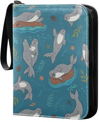Cute Seals Sammelkartenalbum 4 Taschen Kartenordner 50 Seiten 400 Karten PU Reißverschluss Kartenbinder Aufbewahrungshalter für Sportspielkarte
