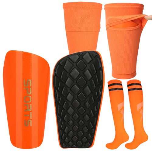 Adegari Soccer Shin Guards for Kids Youth, Protective Soccer Shin Pads & Sleeves with Optimized Insert Pocket & Long Soccer Socks for Children Teens Boys Girls-Orange M
