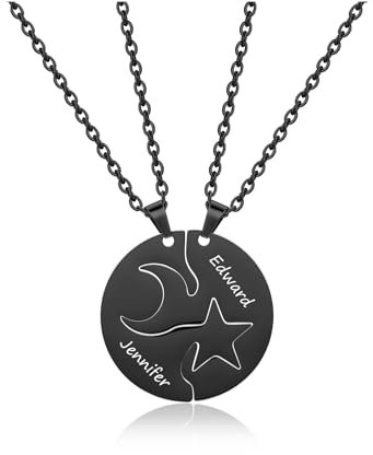 PiercingJak 2pcs Personalised Moon Star Puzzle Matching Necklaces for Couples Customized Name Stainless Steel Jigsaw Puzzle Friendship Relationship Necklace for Men Women