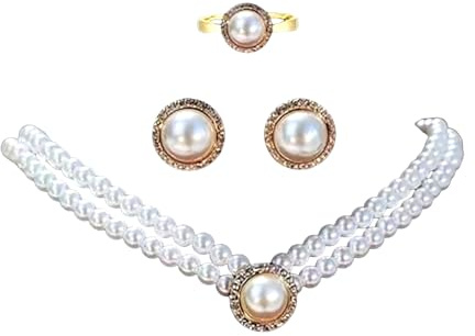 Faruodis Ensemble de Collier et Boucles d'oreilles avec 4 Fils de Perles - Collier Ras-de-cou en Cristal Français pour Mariage - Bague et Ensemble de Colliers Vintage pour Femmes, Perle synthétique