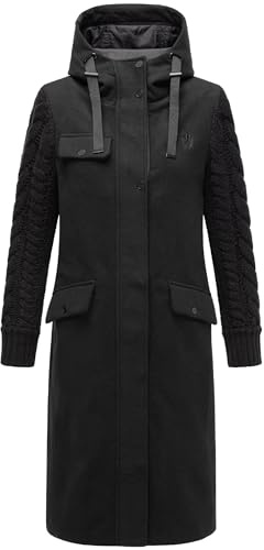 Navahoo Damen warmer Trenchcoat in Woll-Optik mit Strick-Ärmeln und Kapuze Knit Babe 14 Black Gr. M