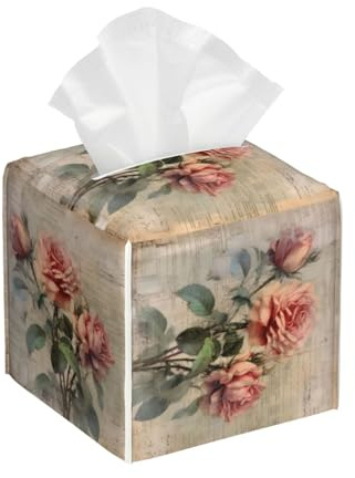 Square Tissue Box Cover, Leather Tissue Cube Box Holder, Vintage Flower Floral Plant Retro Design Facial Paper Case for Tabletop, Bathroom, Car, Office 5.2x5.2x5.2in