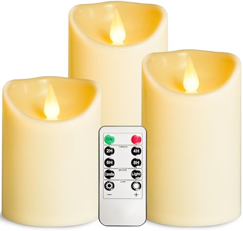 OSHINE Velas sin llama con batería de plástico, juego de 3 velas LED con batería, color marfil, D3 H4 de 5 y 6 pulgadas, funciona con control remoto y temporizador, parpadeo eléctrico falso para