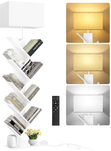 OUTONLIFE 9 Tier Tree Bookshelf with Light & Remote, Dimmable Tall Floor Standing Lamp, Narrow Wood Bookcase, Small Book Organizer Shelves for Living Room, Bedroom, Home Office (White)