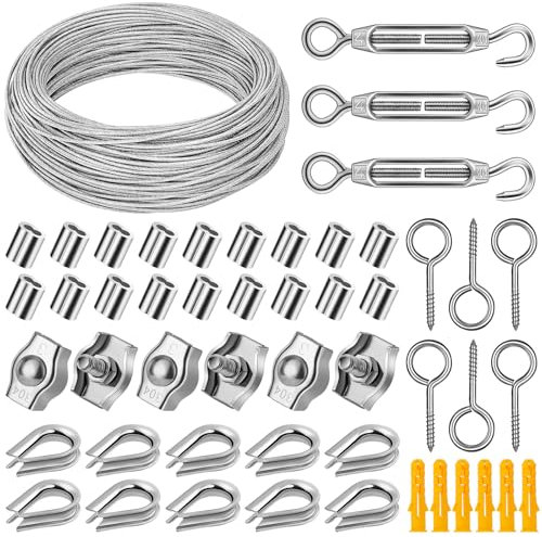 DazzBoom Wire Rope Kit, 50M Garden Wires for Climbing Plants, PVC Coated Stainless Steel Metal Cable, Fence Cable with Turnbuckle Wire Tensioner for Hanging Clothesline Garden String Light Hanging