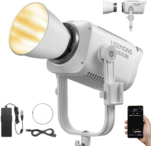 Godox Litemons LA600Bi Luce Video Luce Continua Video con Riflettore BR30,Video Light 600W 212500Lux@1M,2800K-6500K Luce Continua Piatta con Attacco Bowens e 11 Effetti FX