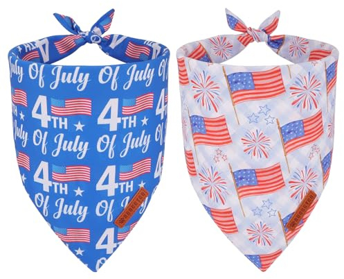 ADOGGYGO American Flag Dog Bandanas 2 Pack, Triangle Reversible Independence Day Pet Scarf Bib, Red Blue 4th of July Bandana for Medium Large Dogs (Large)