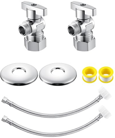 2 Pack Complete Toilet Valve Kit, Includes 1/2'' Nom Inlet x 3/8'' OD Compression Outlet Angle Shut Off, 3/8 COMP x 7/8 BC Toilet Water Supply Line, Escutcheon Plate, Sealing Tape (12 Inch)