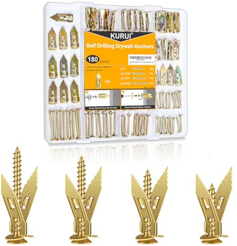 KURUI 180Pcs Self Drilling Drywall Anchors with Screws Kit, Fixion Tools Metal & Heavy Duty Grip for Wall, Sheetrock, Expansion Assorted Sizes for Picture Frames, Shelves &Home Decor