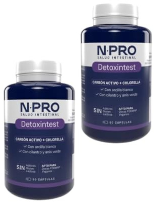 NPro Detoxintest - Pack Ahorro 2 x 90 Cápsulas Digestivas - Con Carbón Vegetal Activado, Chlorella y Cilantro - Para Limpieza Intestinal y Reducción de Gases