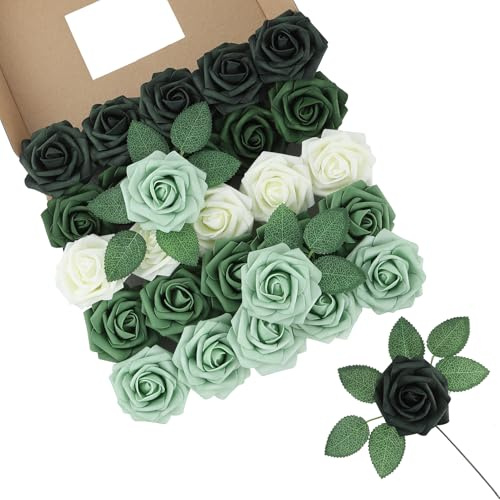 LEUCHTAMOR 25 rose artificiali bianche e verdi, rose finte in schiuma realistica al tatto, per bouquet da sposa, centrotavola, composizioni floreali, feste, decorazioni per la casa