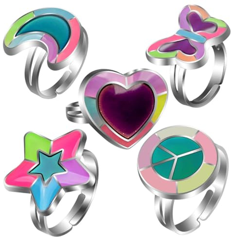 JOINPAYA Anillo Creativo Anillos Ajustables de Aleación Set de 5 Cambio de Color Según Temperatura Accesorios Elegantes para Graduación y Navidad Dedos