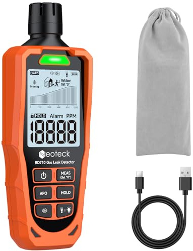Neoteck Rilevatore di Fughe di Gas Portatile Ricaricabile Detector Gas Metano, GPL e Naturale (0-10000 ppm) con Display LCD 2.9, Allarme Sonoro+Luminoso e Torcia per Casa, Cucina, Officina, Camper