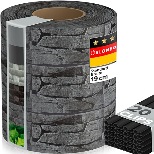 ELONEO PVC Sichtschutzstreifen Doppelstabmattenzaun | 1 Rolle á 35m x 19 cm | Balkon Sichtschutz mit 20 Befestigungsclips | Sichtschutz Zaun wetterfest und extra stabil, Steine