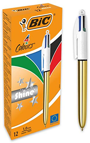 BIC 4 Farben Kugelschreiber Set 4 Colours Shine, Schaft in Gold, 12er Pack, Ideal für das Büro, das Home Office oder die Schule