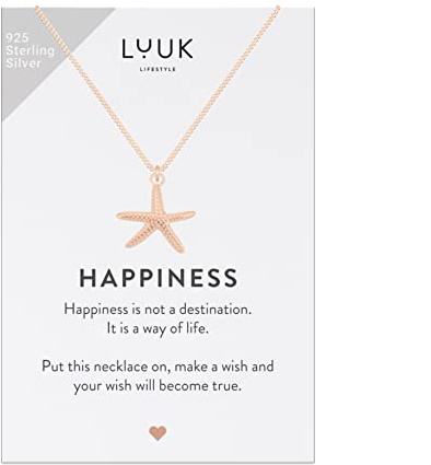 LUUK LIFESTYLE Halsband i 925 Sterling Silver med sjöstjärnahänge och ett inspirerande HAPPINESS-kort, lyckoamulett, vänskapsgåva, damsmycken, rosé