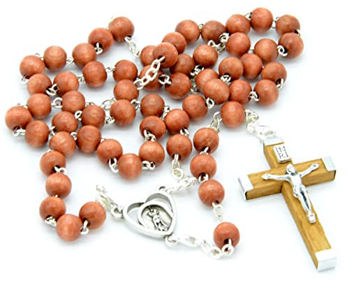 Religiös radband VIRGEN DE FATIMA 59 träpärlor. Träkors 5 cm och tryckt påse Konvertibel i halsband med karbinhakar Rosario brun trä VF