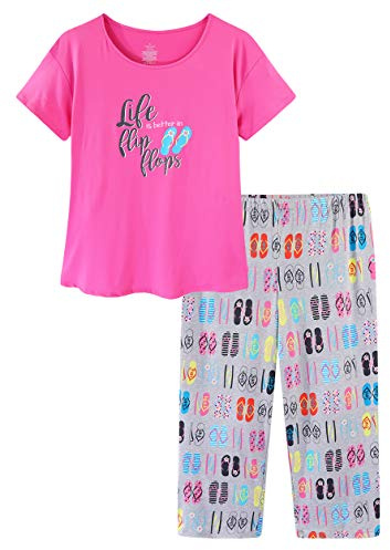 CHUNG Conjunto de pijama para mujer de manga corta Tops camisa recortada pantalones Capri longitud color brillante