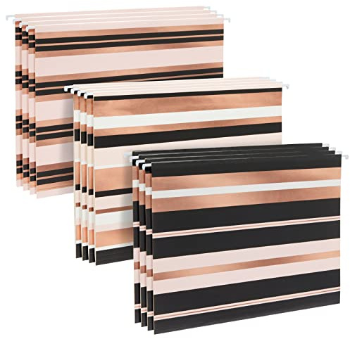 12 Pack Decorative Hanging File Folders, Letter Size, 1/5 Cut Tabs, Rose Gold Foil Stripes (9.5 x 11.5 in)