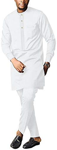 Vêtements de soirée africains pour homme - Chemise et pantalon Dashiki - Tenue traditionnelle à manches longues, blanc, Small