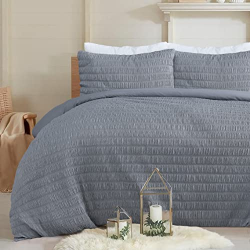 Sleepdown - Set di biancheria da letto con copripiumino e federe con motivo geometrico in rilievo Seersucker, colore: grigio antracite, di facile manutenzione, per letto super king size (220 x 260 cm)