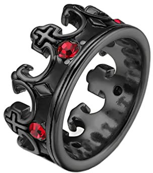 HIJONES Herren Edelstahl König Kronen Ring mit Roten Edelsteinen Gothic Vintage Ritter Statement Kreuz Ringe Schwarz Größe 54