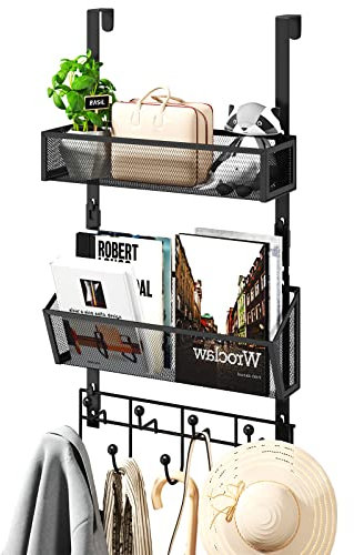 HapiRm Over The Door Hanger - Over The Door Hook with 2 Mesh Baskets and 9 Hooks, Stainless Steel Door Coat Hanger No Drilling for Bathroom, Kitchen, Bedroom, 4 Protective Pads, Black