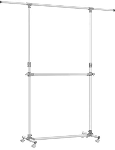 SONGMICS Burro de Ropa con Doble Barra, Perchero con Ruedas Extensible, Altura Ajustable 113-180 cm, Barra Central Ajustable, Blanco LLR401W01