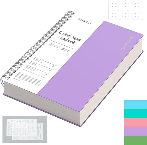 EMSHOI Dotted Journal Spiral Notebook, 300 Pages, A4 Large 8.27x11.2, 100 GSM Thick Paper, Flexible Plastic Cover, 5mm Dot Grid Notebook for Journaling, Planning, Drawing, Writing, Purple
