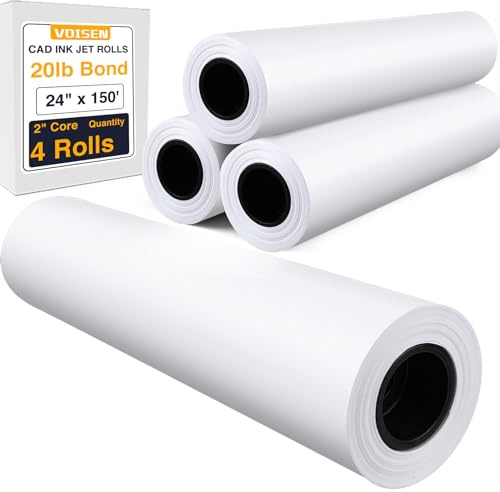 VOISEN Wide Format Paper,4 Rolls Plotter Paper 24 In x 150 Ft, CAD Bond Rolls,20lb,Bond Paper on 2 Core for CAD Printing on Wide Format Ink Jet Printers