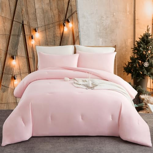 Doimier Juego de edredón rosa de punto jersey, tamaño Queen, juego de ropa de cama suave y bohemio, 4 piezas en una bolsa con 1 edredón esponjoso, 2 fundas de almohada y 1 sábana bajera, microfibra