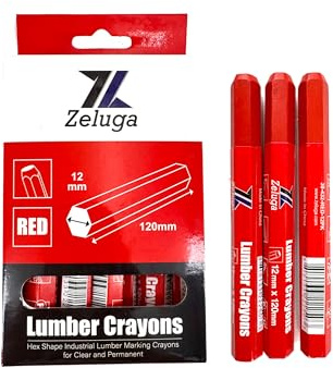 Zeluga 4.7in. x 0.47in. Hex Shape Industrial Lumber Marking Crayons for Clear and Permanent Markings, Red 12 Pack