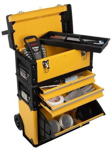 Stalwart Werkzeugkiste mit Rollen, stapelbarer Werkzeugkasten, Organizer, tragbarer Werkzeugkasten aus Metall mit Schubladen für Garage, Werkstatt (Gelb)