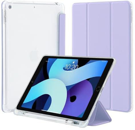 4UBonLife Custodia per iPad 9a/8a/7a Generazione 10,2 Pollici 2021/2020/2019 con portapenne, Sottile Leggero Cover Case Retro Traslucido in Morbido TPU Auto Svegliati/Sonno, Viola Chiaro