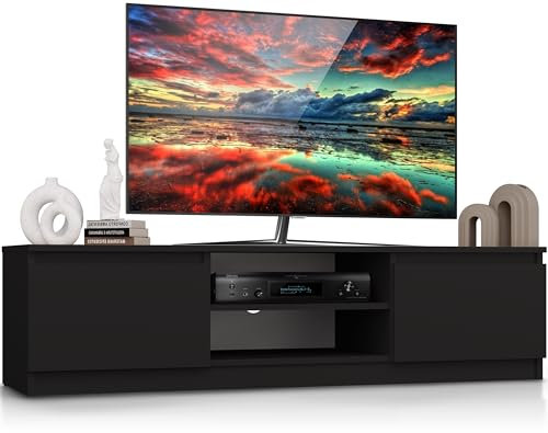 Beneli TV-Lowboard Schwarz 140x40x36 cm | Moderner TV-Schrank mit Stauraum | Fernsehschrank in elegantem Design | Robustes TV-Möbel