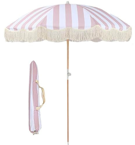 Retro rosa randigt trädgårdsparaply med lutningsfunktion, UV-skydd strandparasoll, massivt träaxel, tofsdesign för uteplats och utomhusbruk