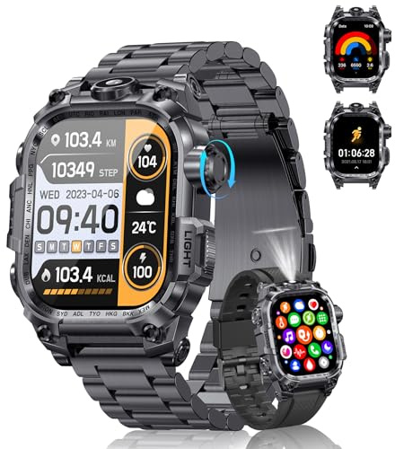 Montre Connectée Homme(2 Bretelles), 2.01'' HD Smartwatch Militaire avec Appels Bluetooth Torche LED 650mAh 150+ Mode Sportifs Surveiller Cardio Podometre Sommei, Fitness Tracker pour iOS Android-Noir