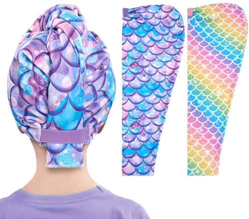 WAWSAM Kids Hair Drying Towel Wrap - Microfiber Hair Towel for Girls, Quick Dry Hair Cap with Button & Elastic Loop, 2 Pack (Rainbow&Purple)