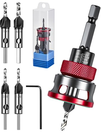 7 PCS Countersink Drill Bits Set, 4PCS Four-Flute HSS M2 Tapered Drill Bits and Adjustable Depth Stop Collar, Wood Countersink Bit with Wrench for 82 Degree Woodworking, Plywood and MDF DIY