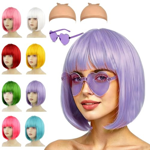 Korte lila bob-peruker för kvinnor, 4-pack damsets med solglasskyla, färgade neon-peruker för fest, cosplay, party, med platt lugg, syntetiska raka peruker för Kpop, halloweendekorationer