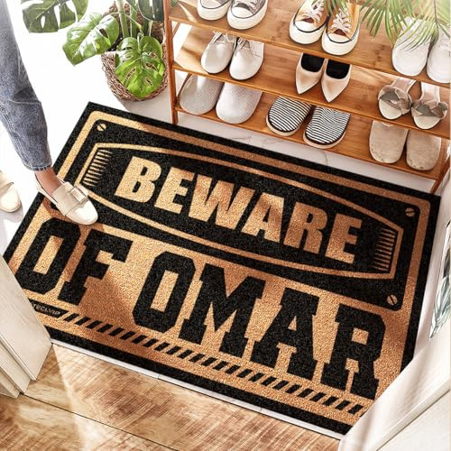EJXN Tappetino lavabile per ingresso e bagno, extra large, con scritta Beware of Omar, per porta d'ingresso, grande tappetino da esterno per porta d'ingresso/stanza di fango, stencil per porte e
