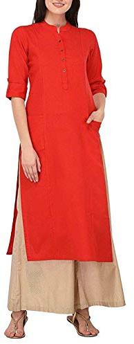 Ladyline Femme Pure Coton Uni Manches 3/4 Enroulable Col Bouton avec Poche Long Kurti - Rouge - XXX-Large